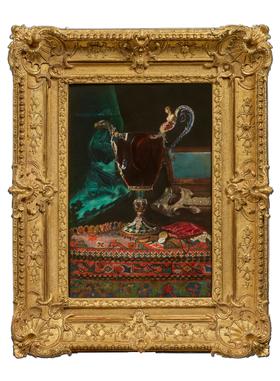 独角鹿西洋古董 1857年代法国画家Blaise Desgoffe签名创作静物油画作品《土耳其地毯上的玛瑙珐琅杯》