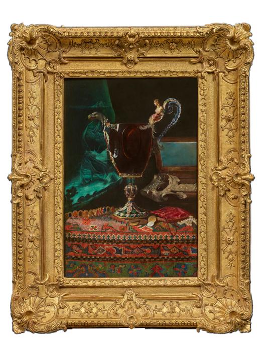 独角鹿西洋古董 1857年代法国画家Blaise Desgoffe签名创作静物油画作品《土耳其地毯上的玛瑙珐琅杯》 商品图0