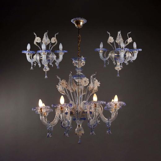 独角鹿西洋古董 20世纪意大利出品穆拉诺玻璃点金工艺修饰花叶主题烛台式枝形吊灯及壁灯三件套 商品图0