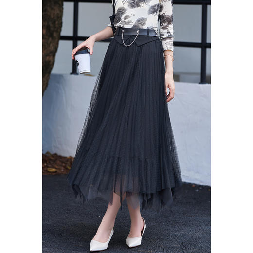米思阳2026春季新款时尚气质黑色半身裙网纱百褶波点a字长裙0183 商品图3