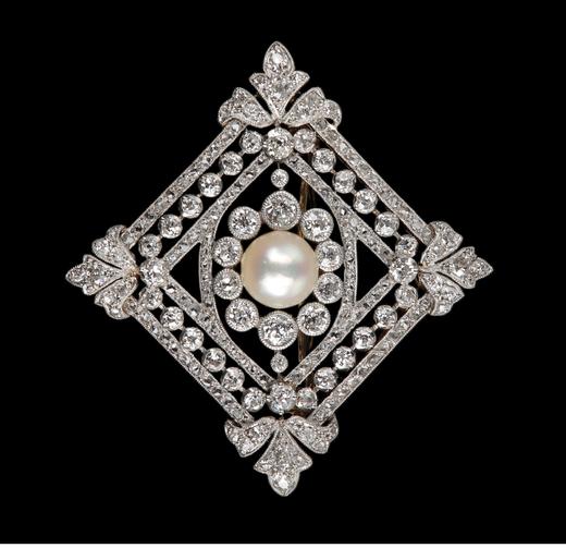 独角鹿西洋古董 1910年代法国出品几何缎带造型铂金镶嵌天然海水珍珠及钻石胸针 商品图0