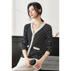 米思阳2026春季新款知性复古条纹针织衫撞色v领长袖开衫外套2257
