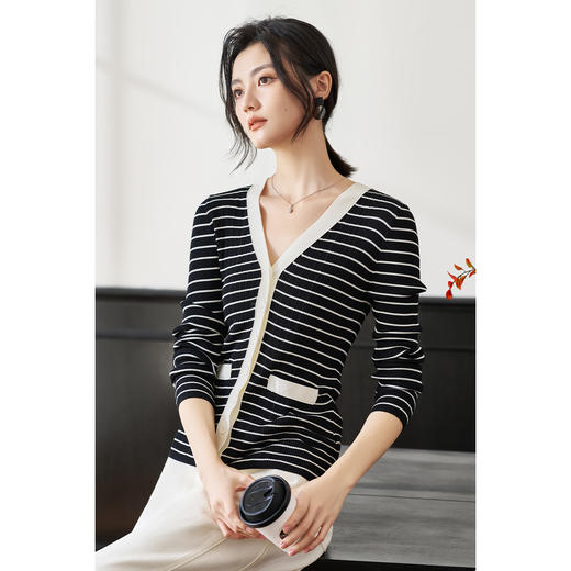 米思阳2026春季新款知性复古条纹针织衫撞色v领长袖开衫外套2257 商品图0