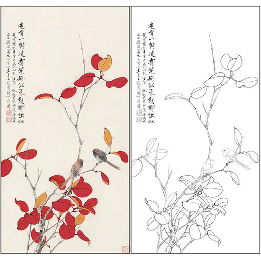 于非闇花鸟工笔画白描底稿《红叶双栖》临摹勾线高清打印稿FA30 商品图0