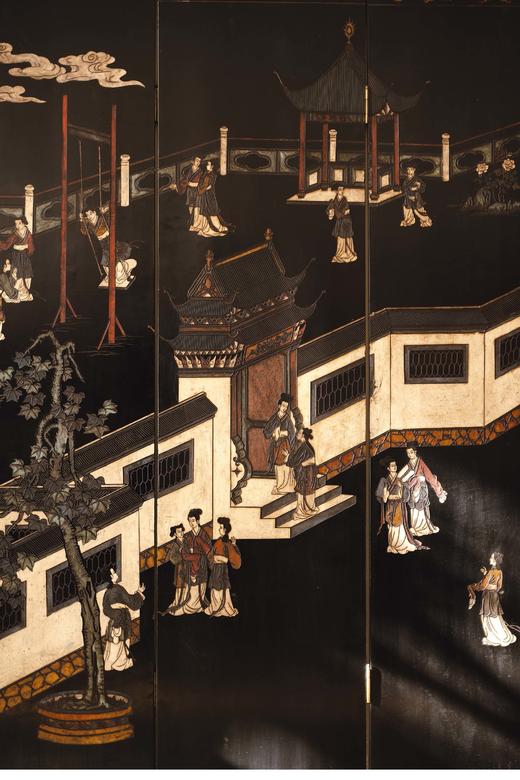 【已售】独角鹿西洋古董 19世纪末20世纪初中国出品庭院仕女主题黑漆地款彩双面六曲屏风 商品图4