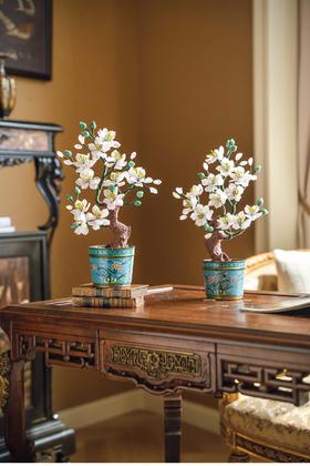 【已售】独角鹿西洋古董 20世纪中国创汇时期出品传统花卉纹景泰蓝盆装饰「粉桃花开」珍宝像生盆景