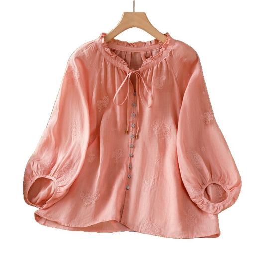 C039-92942025简约休闲复古夏季宽松系带刺绣花衬衫女花边领口文艺上衣女 商品图4