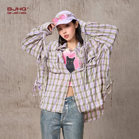 BJHG不计后果美式复古格子衬衫外套女秋季新款潮牌设计感宽松衬衣