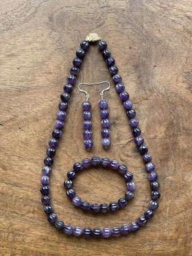 紫晶瓜棱珠首饰三件套组，顺丰包邮