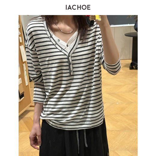 棉仓3661501013-含亚麻条纹长袖T恤 商品图2