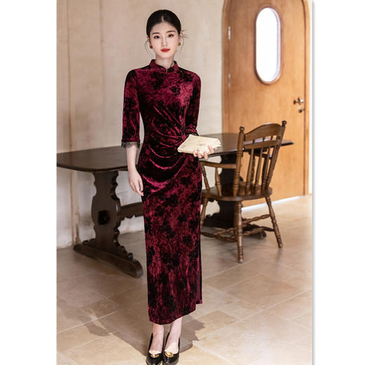 高档婚礼妈妈旗袍显瘦，婚宴丝绒长款旗袍GX-211090 商品图0