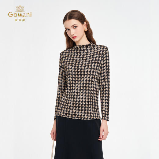 乔万尼新品100%真丝亲肤千鸟格小高领修身打底长袖t恤ED1C911 商品图3