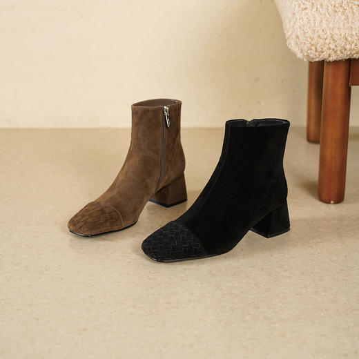 Westory2025年冬季羊京编织方头中跟百搭老钱风短靴S25DS85831 商品图0