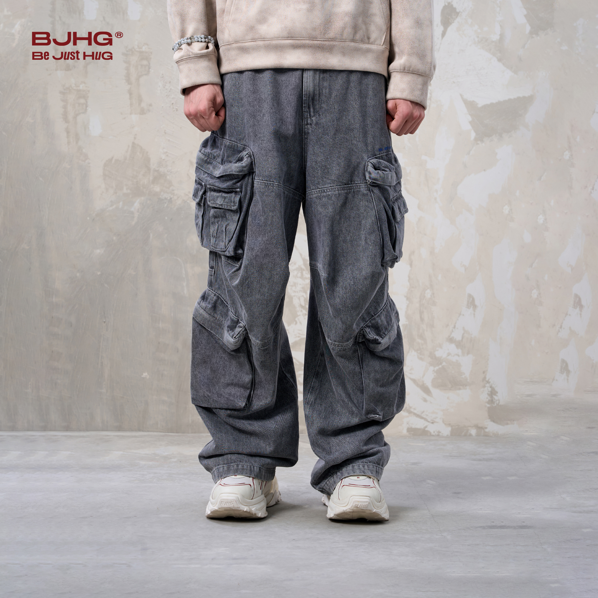 BJHG不计后果废土风工装牛仔裤子男款秋季潮牌美式高街宽松直筒裤