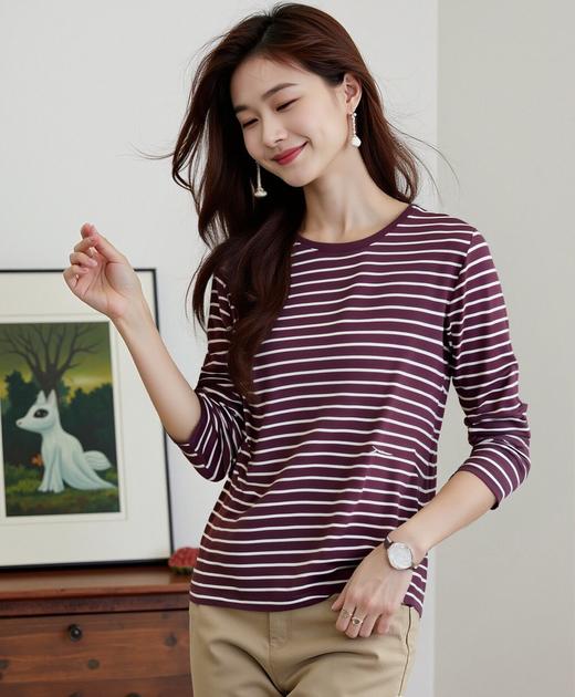 佐丹奴女装25年商场同款高弹条纹长袖T恤05325626 商品图0