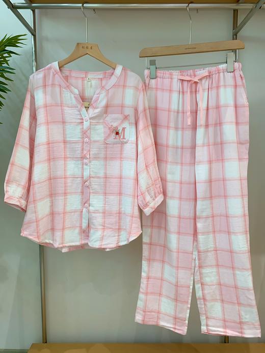 松植屋【轻语】女款七分袖长裤套装小V领口袋刺绣双层纱睡衣家居服 商品图0