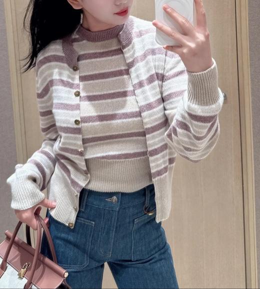 女款条纹羊绒针织开衫毛衣015 商品图3