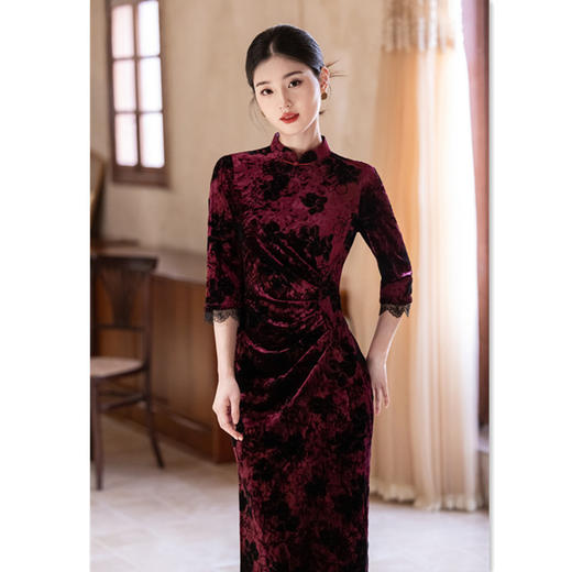 高档婚礼妈妈旗袍显瘦，婚宴丝绒长款旗袍GX-211090 商品图1