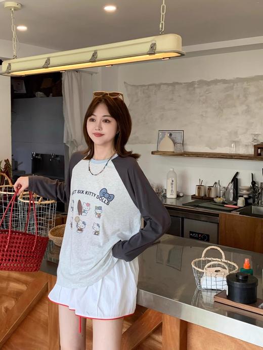 韩国小众撞色Kitty卡通印花插肩袖T恤 商品图2