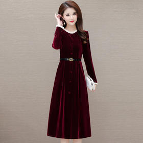 时尚花边圆领长袖妈妈装，中长款收腰裙QYM-LRX-1315C362-Y