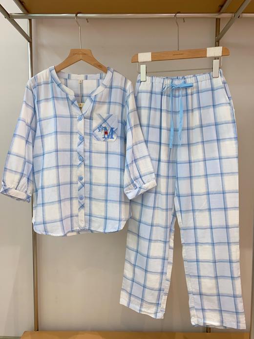 松植屋【轻语】女款七分袖长裤套装小V领口袋刺绣双层纱睡衣家居服 商品图4