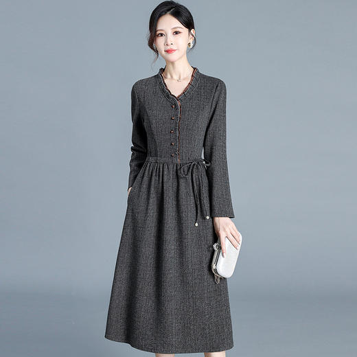 QYM 65095-Y时尚长袖连衣裙气质妈妈装中长裙 商品图0