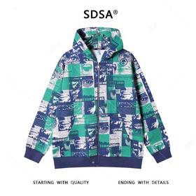 SDSA男士秋冬新款痞帅男装潮牌撞色满印字母印花拉链连帽卫衣百搭