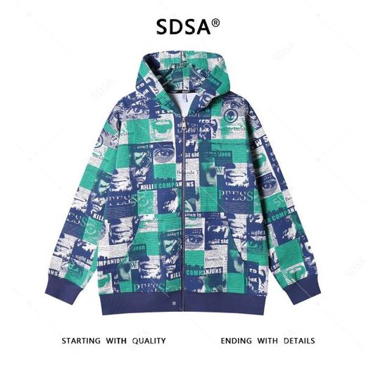 SDSA男士秋冬新款痞帅男装潮牌撞色满印字母印花拉链连帽卫衣百搭 商品图0