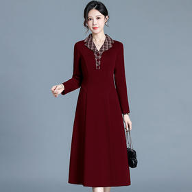 QYM H3356-Y连衣裙时尚格纹拼结中长款A字裙