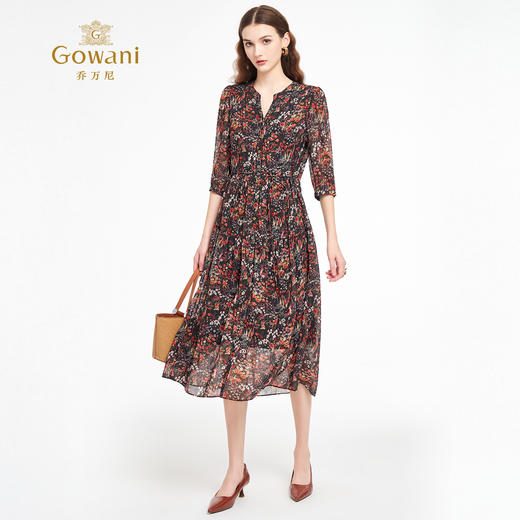 乔万尼新品2025秋V领收腰显瘦印花中长款连衣裙ED3E207 商品图3