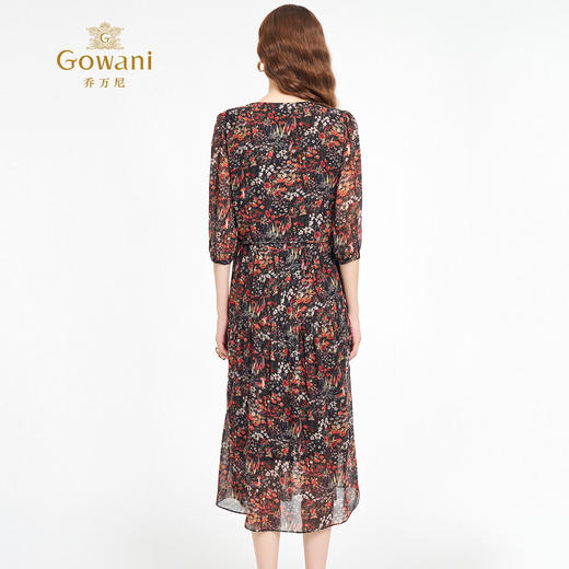 乔万尼新品2025秋V领收腰显瘦印花中长款连衣裙ED3E207 商品图4