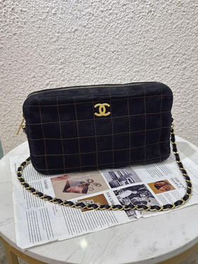 CHANEL 中古 麂皮 外缝线 冰格 黑金 单肩包