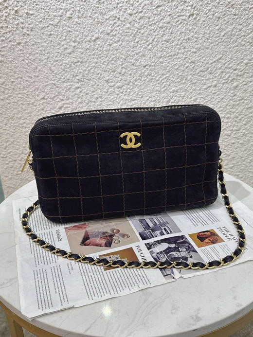 CHANEL 中古 麂皮 外缝线 冰格 黑金 单肩包 商品图0