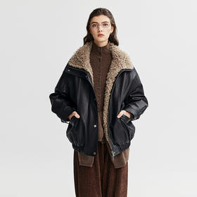 棉仓366607022-美式复古撞色毛领皮夹克