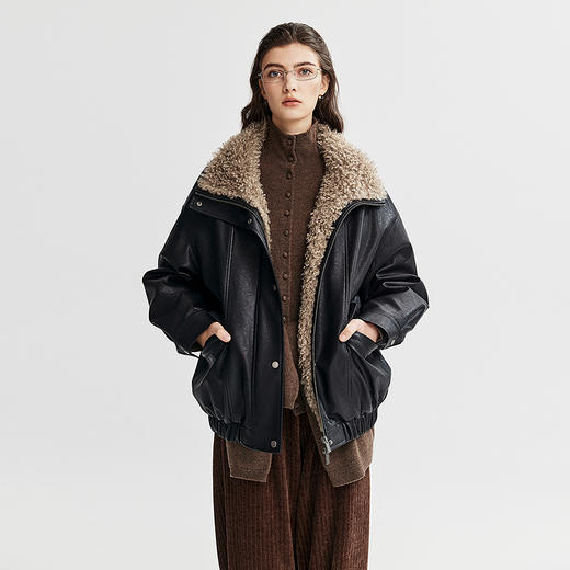棉仓366607022-美式复古撞色毛领皮夹克 商品图0