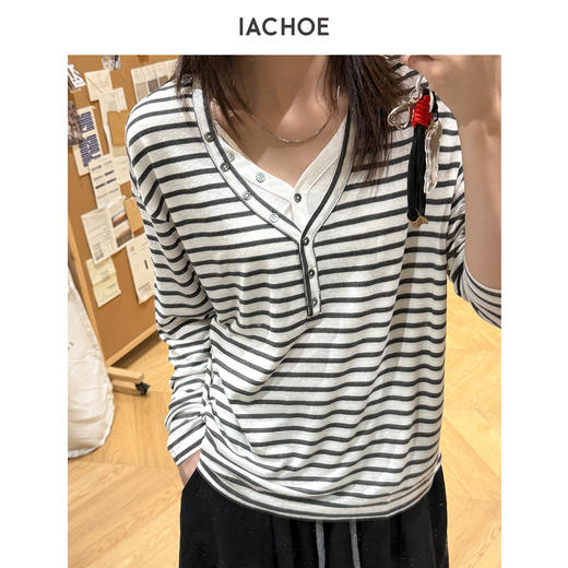 棉仓3661501013-含亚麻条纹长袖T恤 商品图0