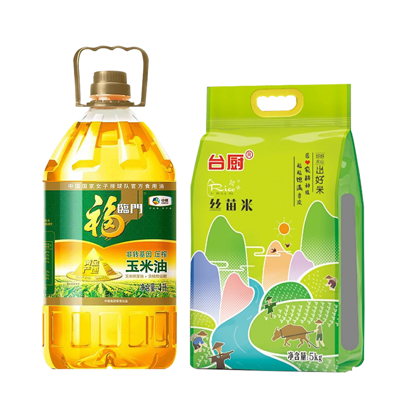 福临门黄金产地非转基因压榨玉米油4L+台厨丝苗米5KG