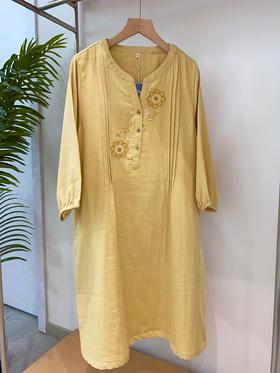 -松植屋《山岚》鸡心领七分袖睡裙 刺绣双层纱布裙子100%棉