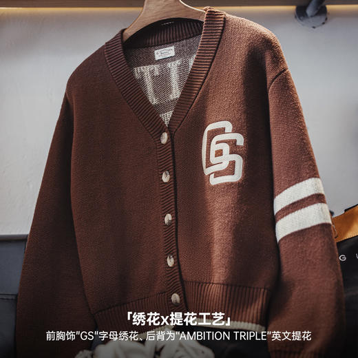 马登美式复古长袖棕色V领针织开衫外套上衣宽松撞色毛衣女士秋冬 商品图1