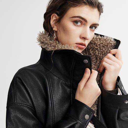 棉仓366607022-美式复古撞色毛领皮夹克 商品图3