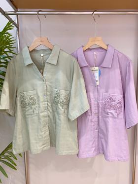 松植屋【星空】翻领开门襟短袖长裤套装直筒裤型慵懒显瘦藏肉女款双层纱睡衣