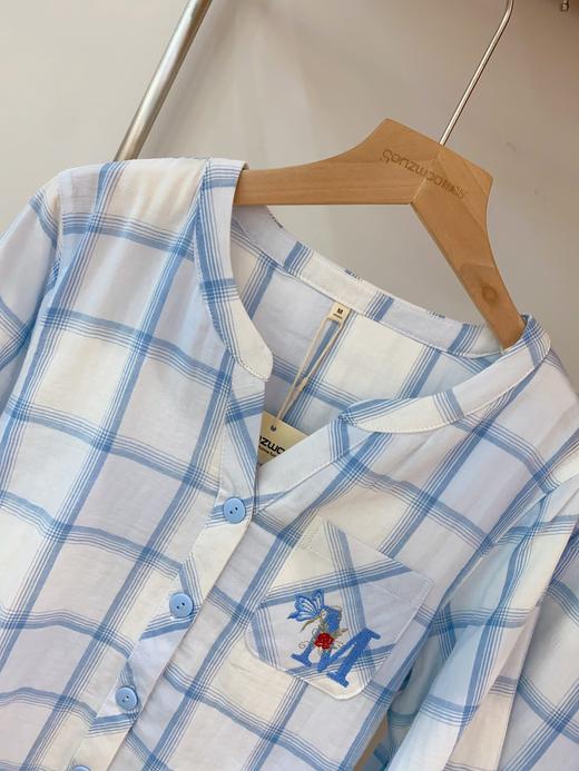 松植屋【轻语】女款七分袖长裤套装小V领口袋刺绣双层纱睡衣家居服 商品图8