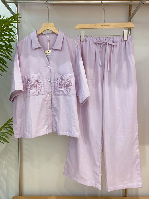 松植屋【星空】翻领开门襟短袖长裤套装直筒裤型慵懒显瘦藏肉女款双层纱睡衣 商品图6