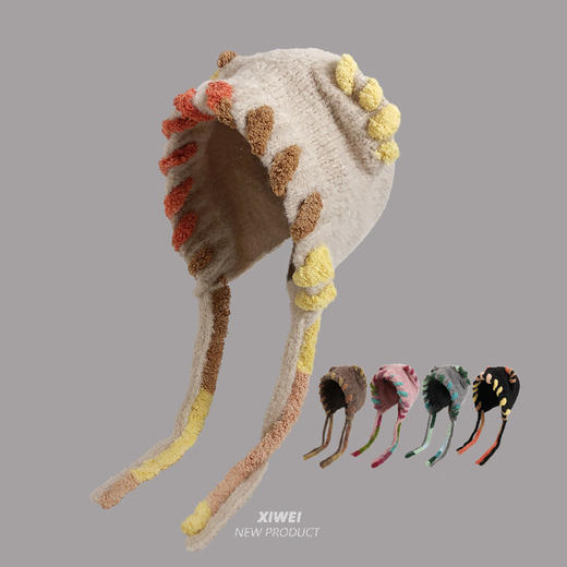 多巴胺猫耳朵毛绒帽女秋冬显脸小针织包头帽秋冬保辫子护耳毛线帽 商品图1