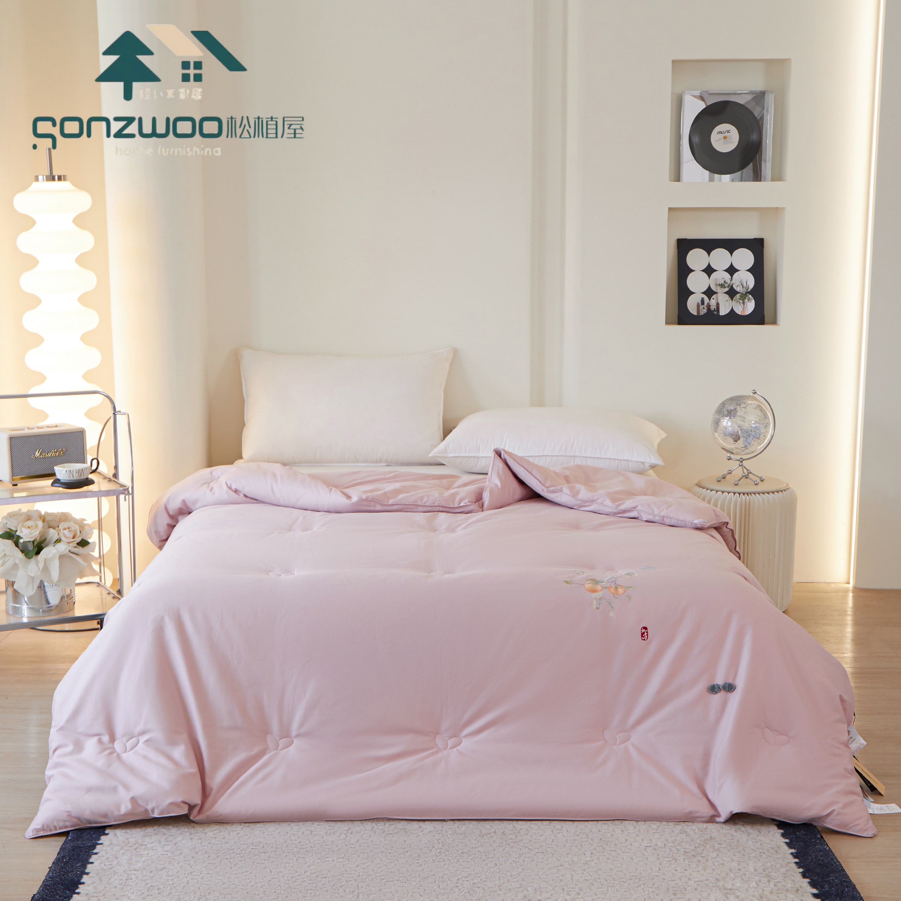 松植屋新款双人柿柿如意秋冬蚕丝被国风刺绣+盘扣设计 寓意幸福绵长、事事如意