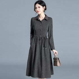 QYM 65096-Y简约时尚连衣裙系带收腰妈妈装百褶A字裙