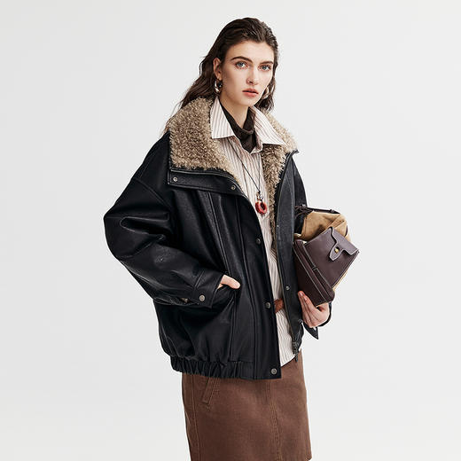 棉仓366607022-美式复古撞色毛领皮夹克 商品图1