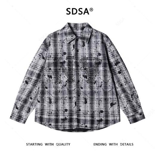 C56211SDSA男士秋冬新款痞帅男装潮牌撞色格纹立体珠子字母设计长袖衬衫 商品图1