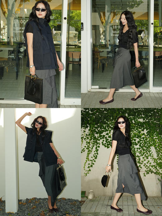 HIDEMI 进口绵羊毛黏胶氨纶混纺不对称堆叠设计感半身裙长裙 商品图1