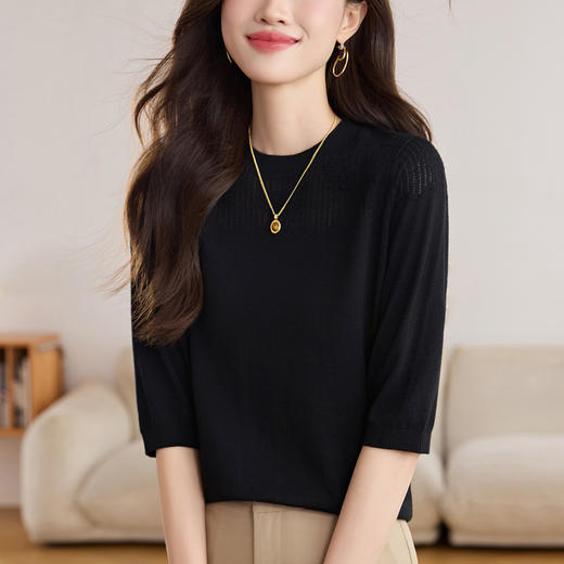 CC早秋羊毛女中袖上衣2025新款妈妈洋气七分袖薄t恤针织小衫上衣女 商品图2